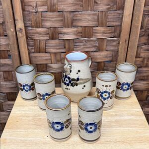 Vintage Tonala Mexico Ceramic Pitcher and Glass Set
